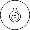 Minimalist clock icon with white circular outline and two hands on dark background, symbolizing time saving or duration