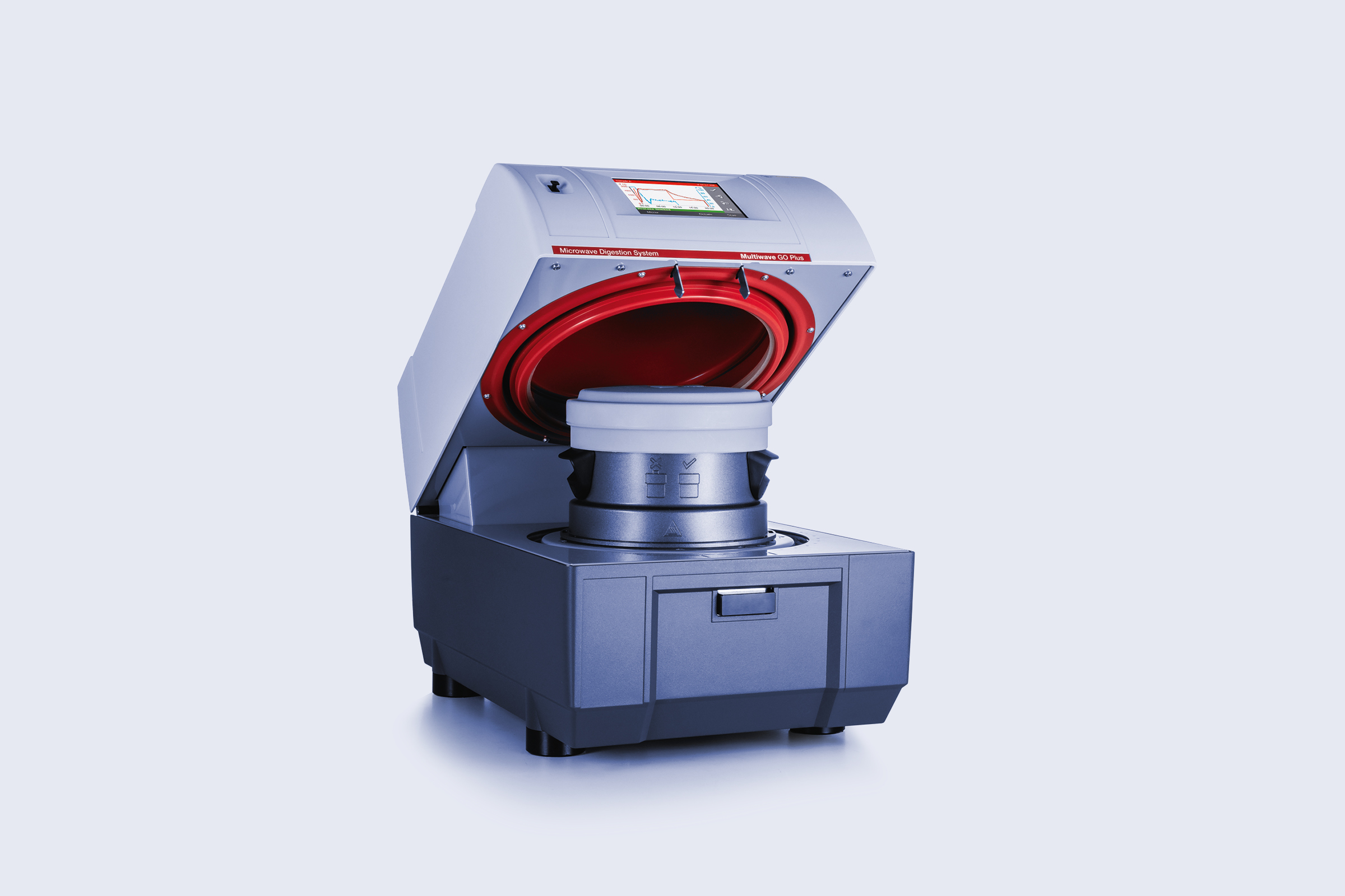 Anton Paar Multiwave GO Plus microwave digestion system with open lid, red chamber interior, and inserted sample vessel on a light background.”
