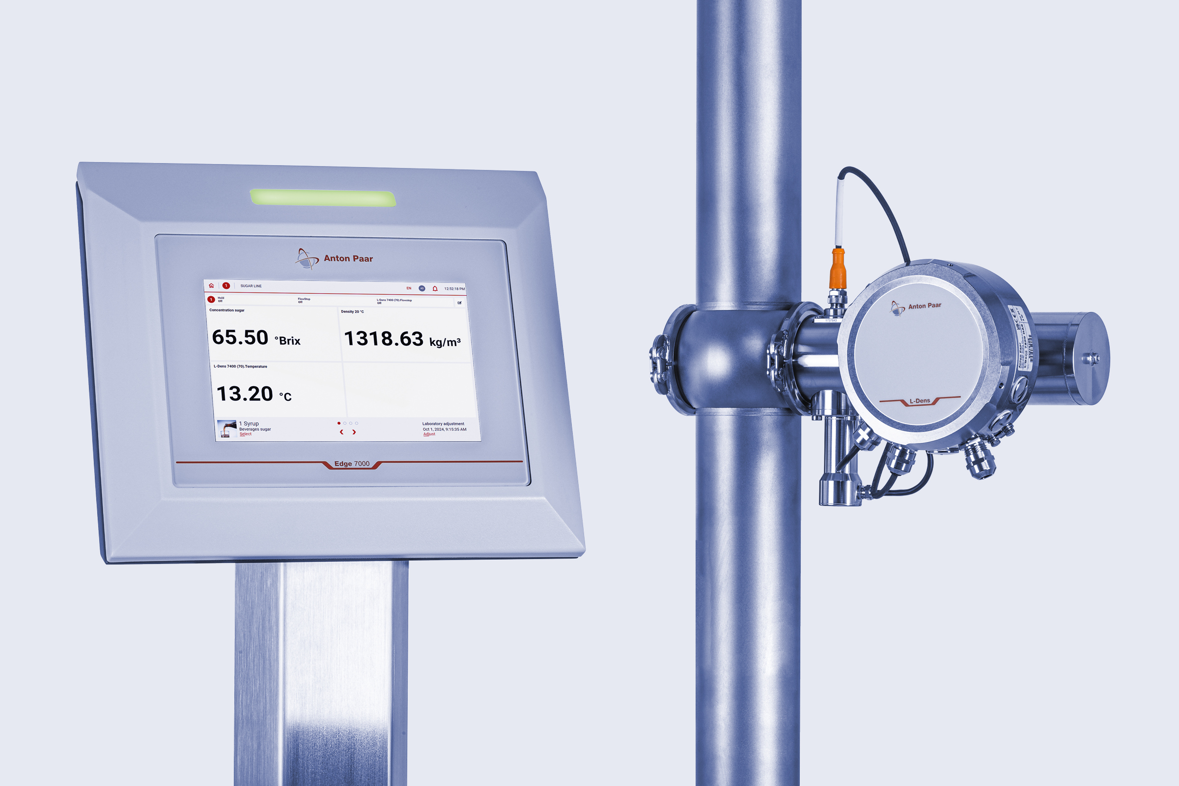 Inline L-Dens sensor mounted on pipe connected to Edge 7000 display showing Brix, density, and temperature readings