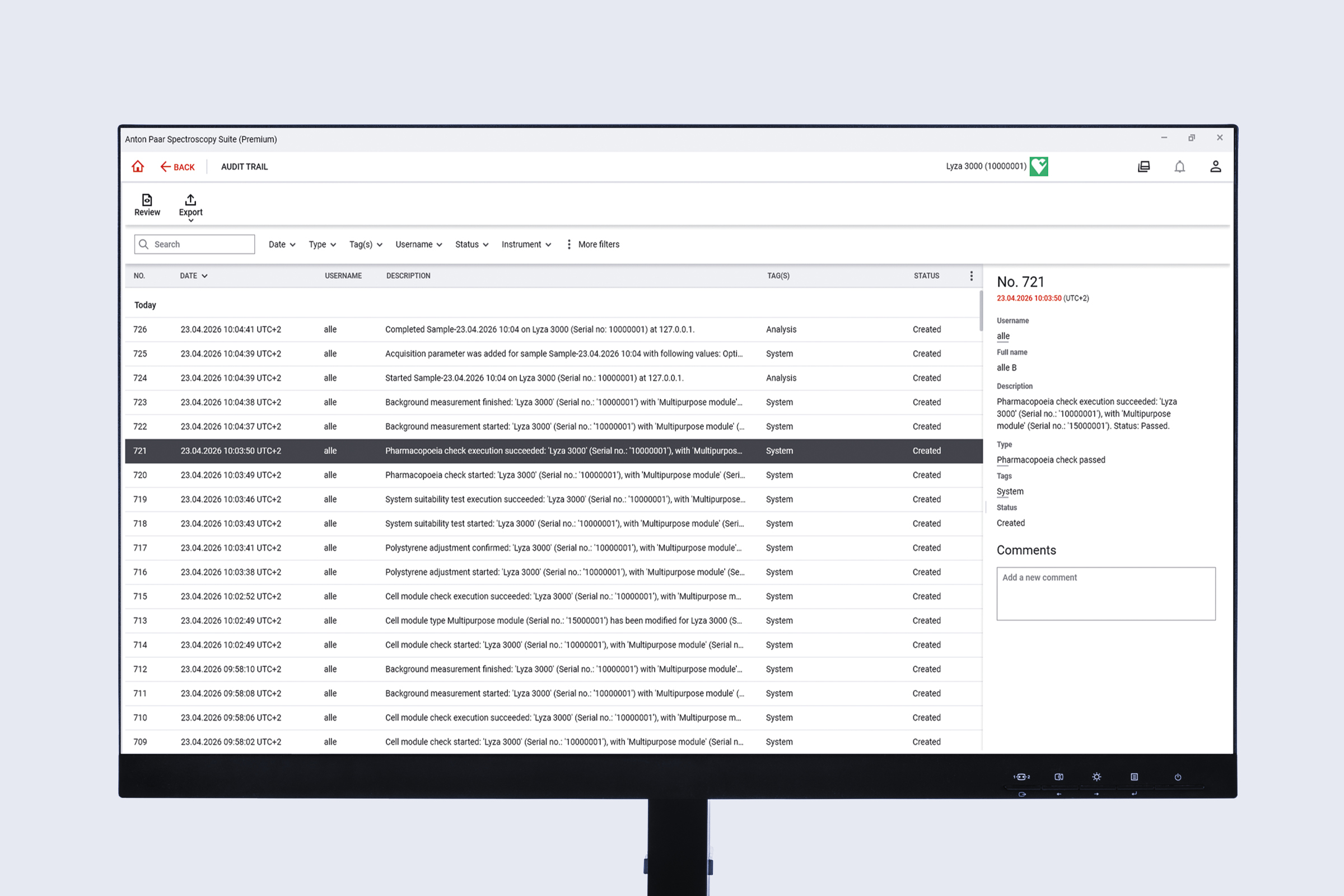 Anton Paar Spectroscopy Suite interface showing audit trail for Lyza 3000, with timestamped entries, status list, and detailed record panel