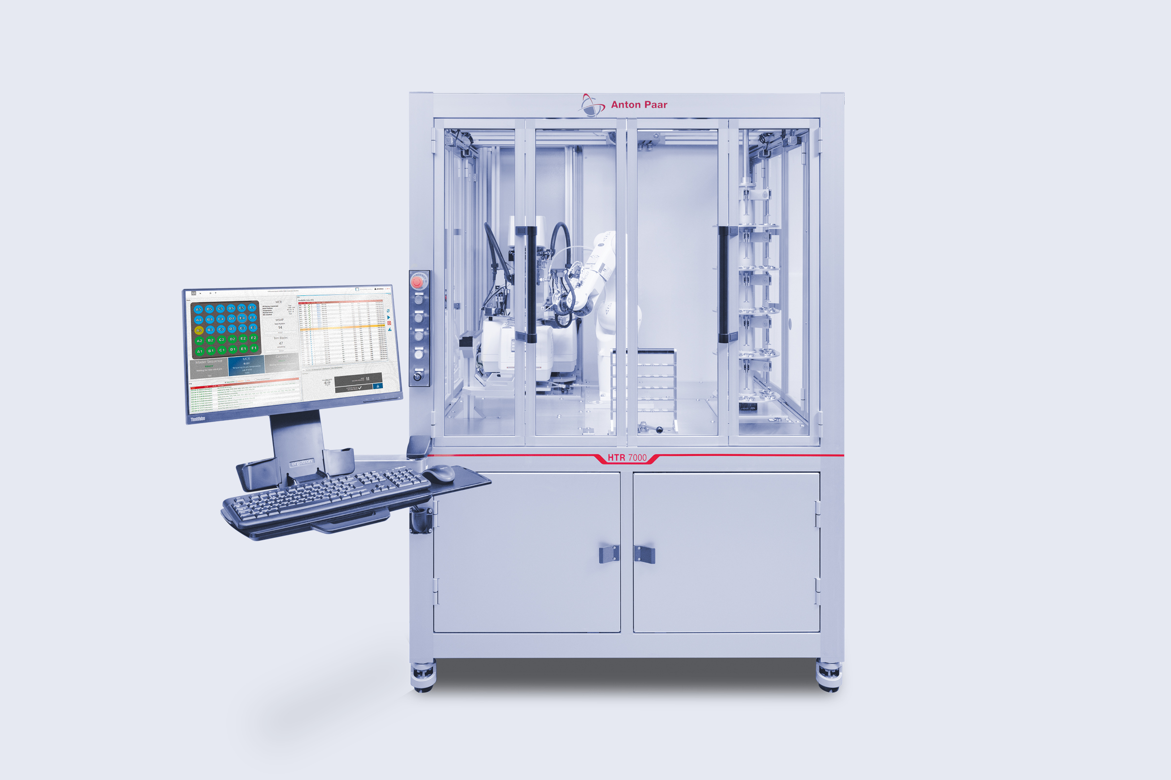 Anton Paar HTR 7000 automated laboratory system with robotic arm, enclosed sample handling unit, and external control workstation