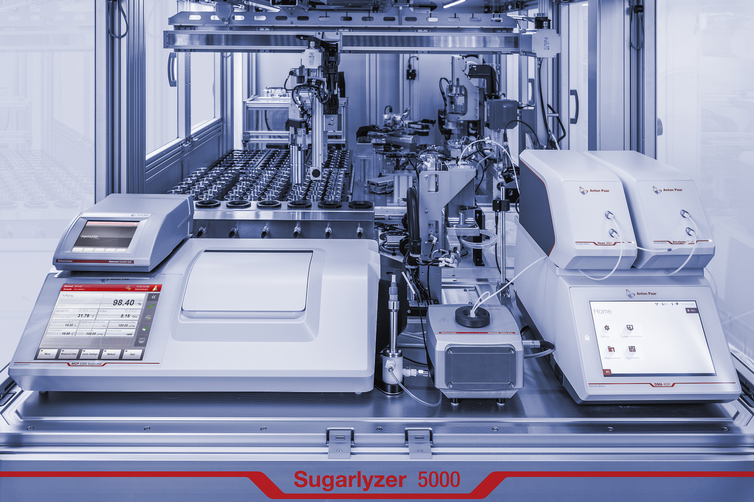 Anton Paar Sugarlyzer 5000 with MCP 5300 Saccharomat, DMA 4501, Xsample 3300, and Abbemat refractometer in an automated laboratory system