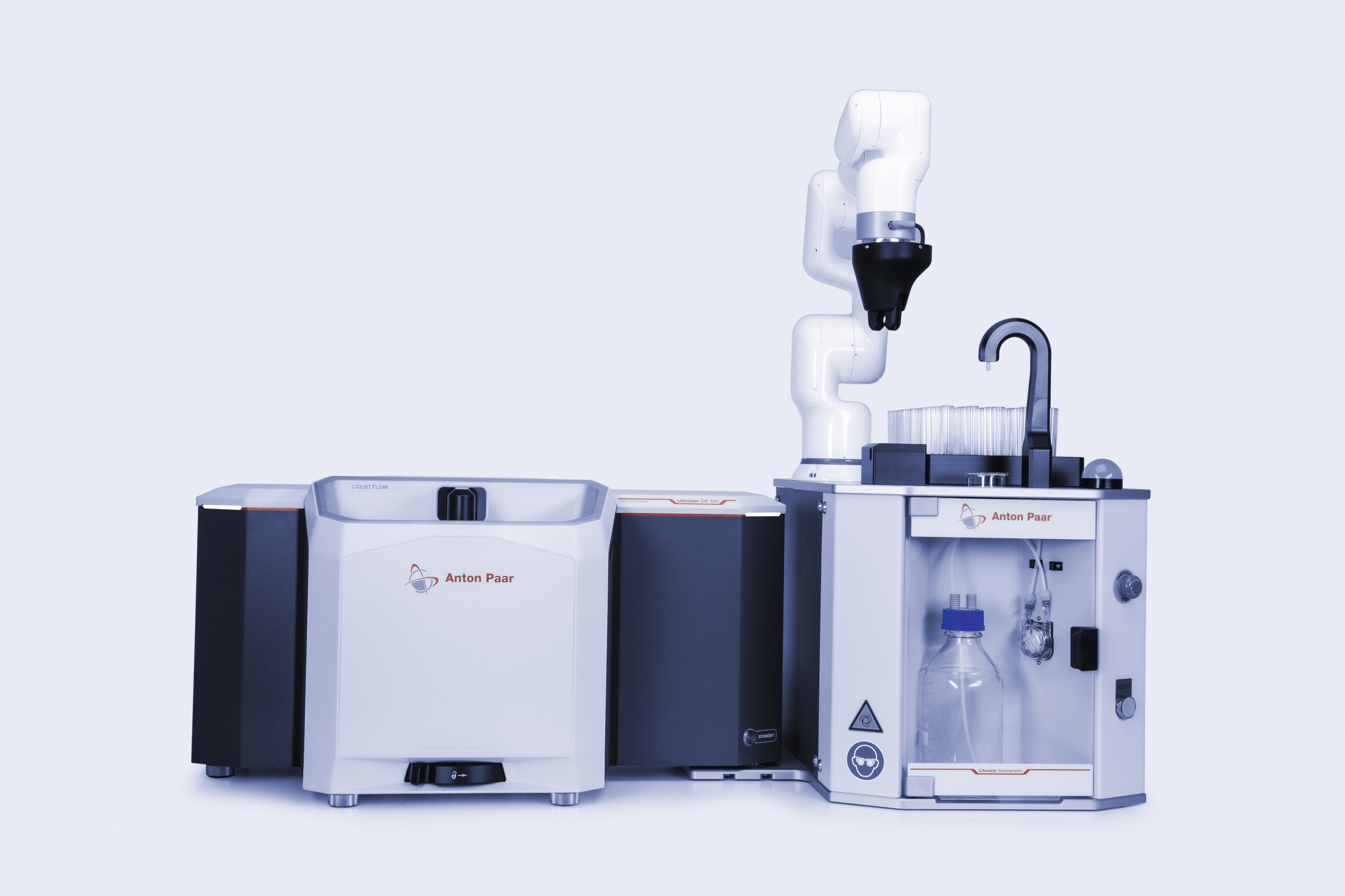 Anton Paar Litesizer DIF 500 with Litesizer Autosampler and robotic arm for automated liquid sample preparation and analysis