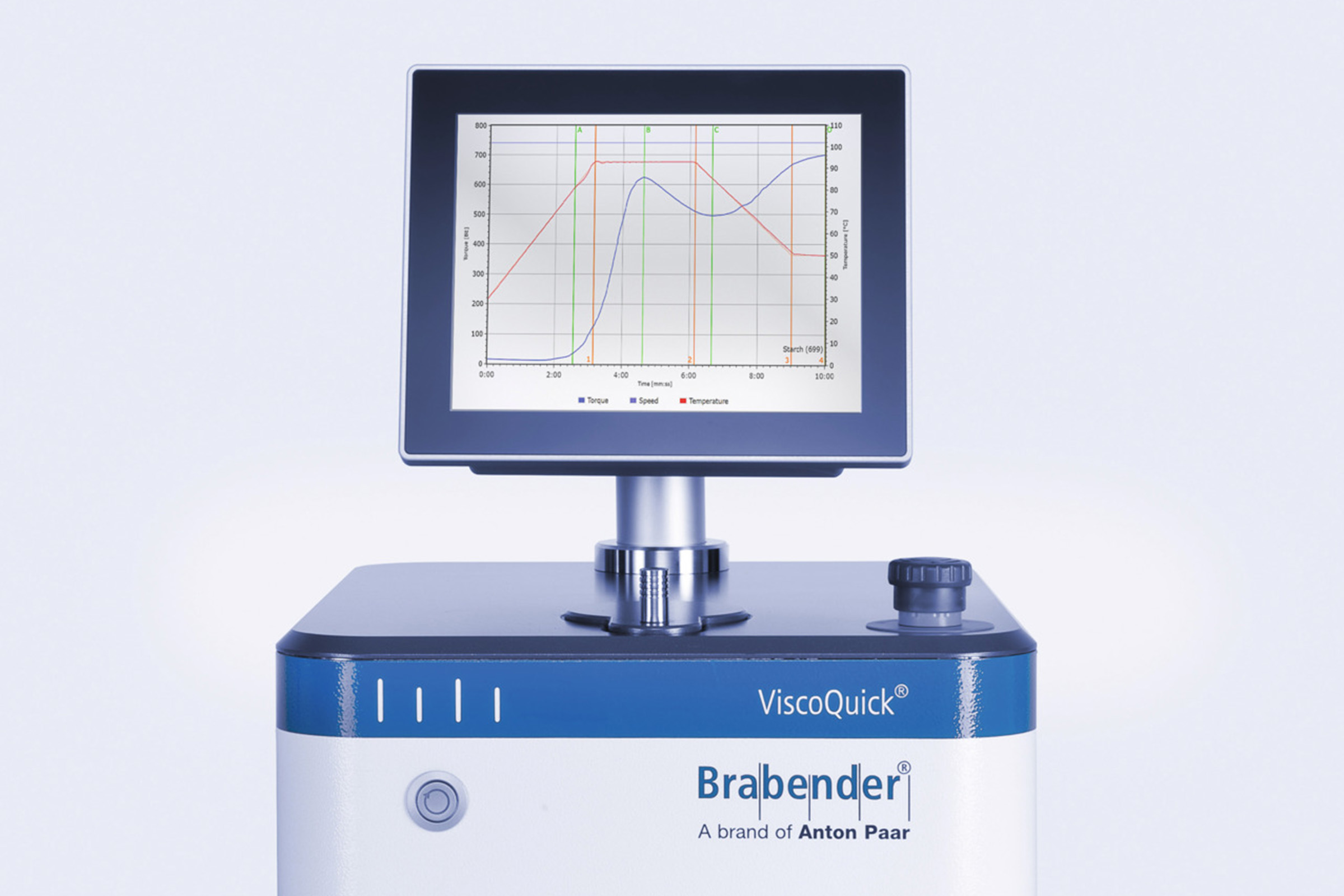 Brabender ViscoQuick Starch with touchscreen showing torque and temperature curves on a white background.