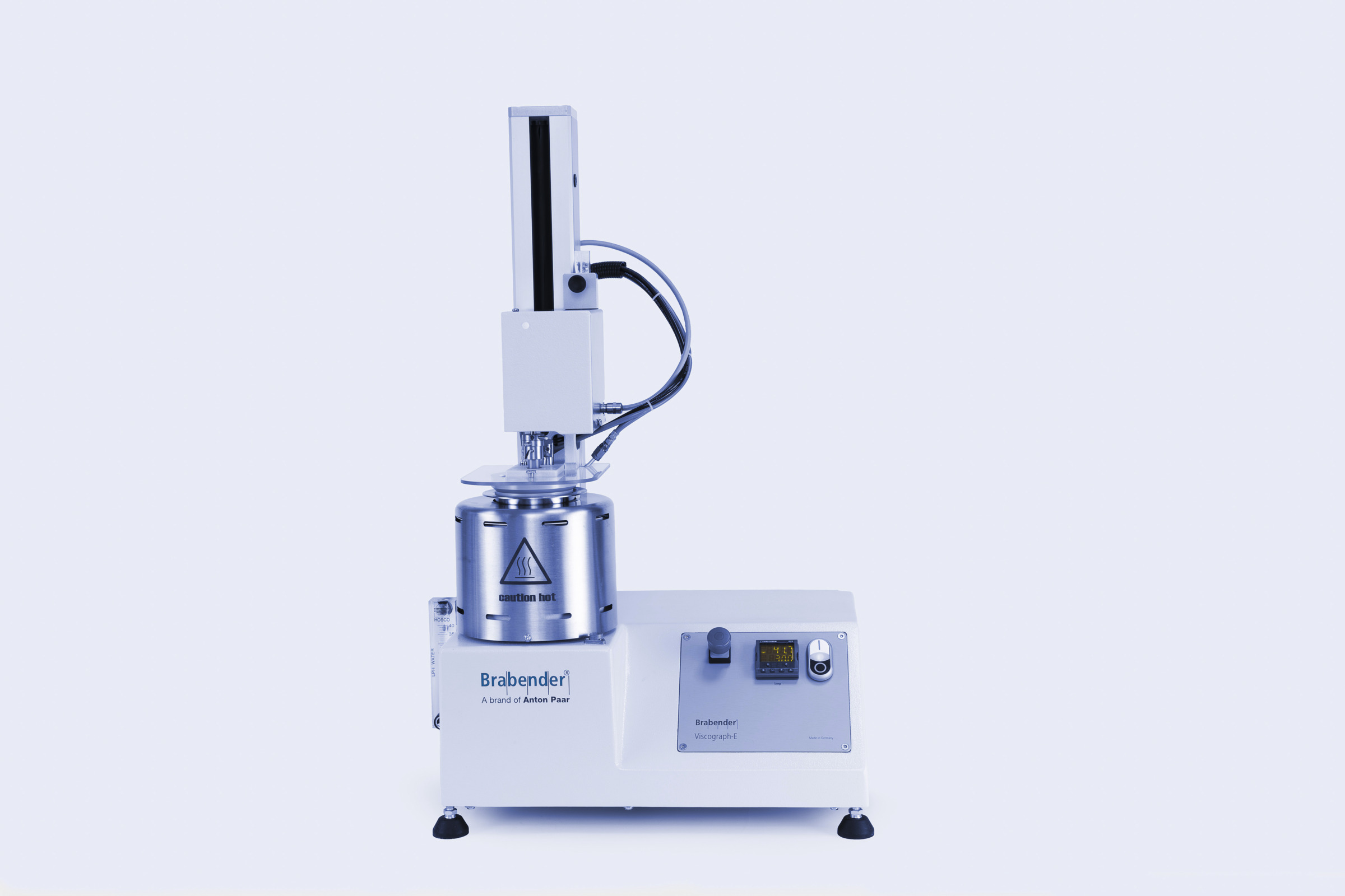 Brabender Viscograph-E with heated measuring vessel and sensor column on a white studio background.