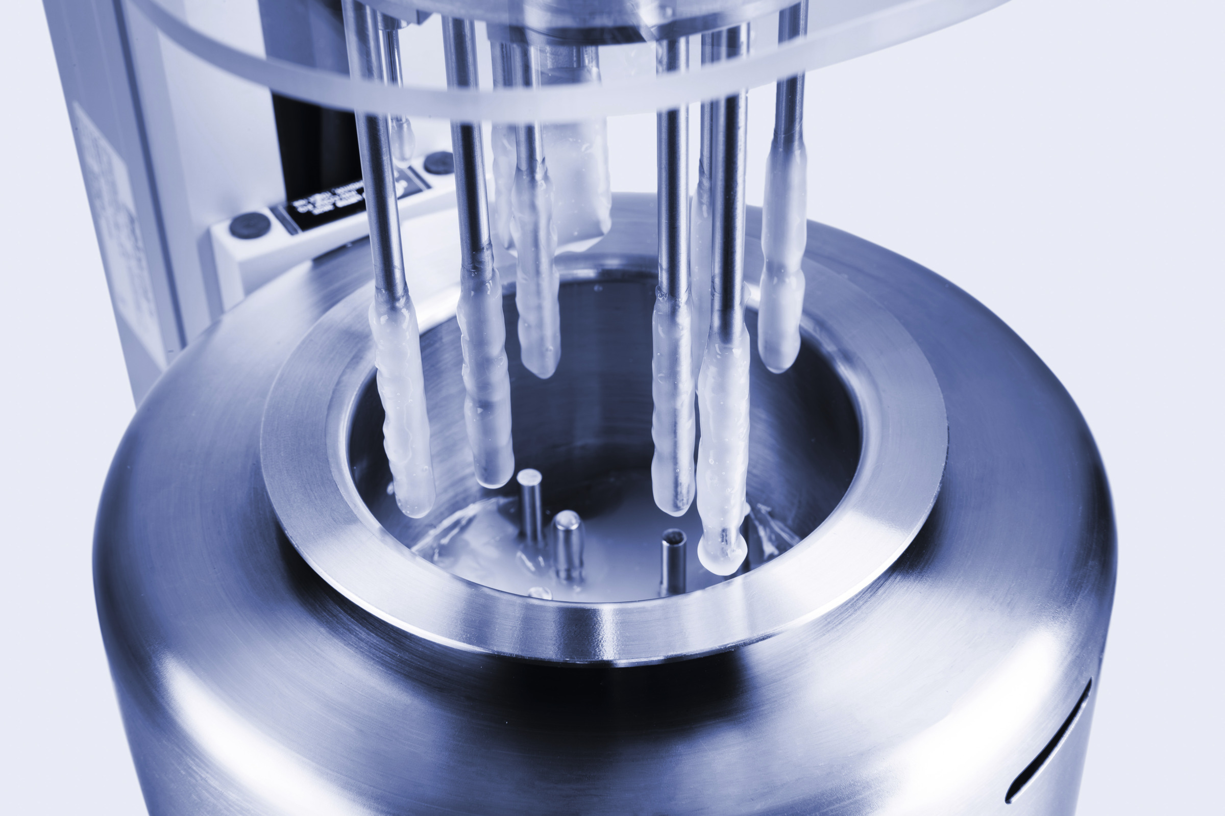 Close-up of measuring pins inside the metal vessel of a Brabender Viscograph-E.