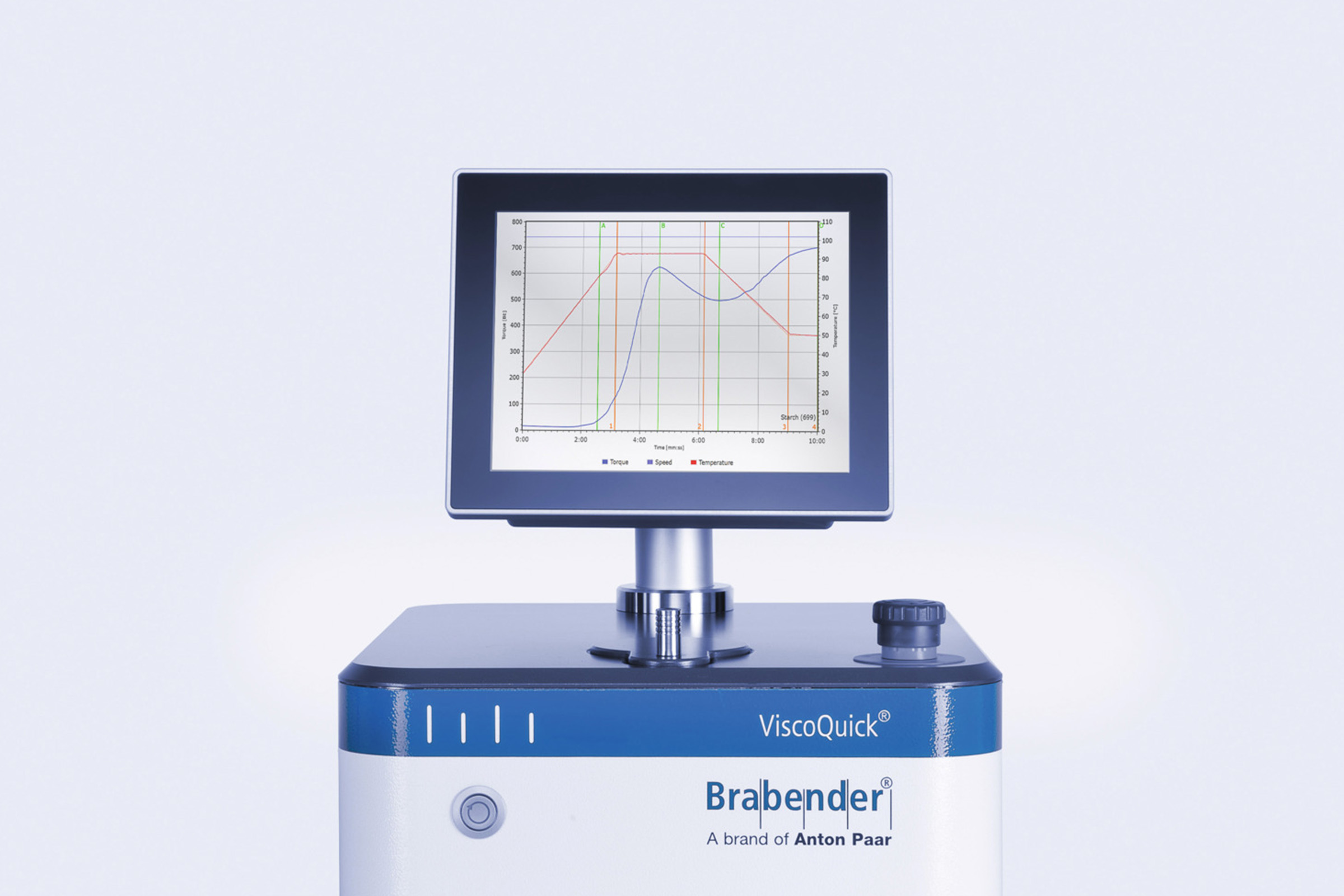 Brabender ViscoQuick with touchscreen showing viscosity, speed, and temperature curves on a white background