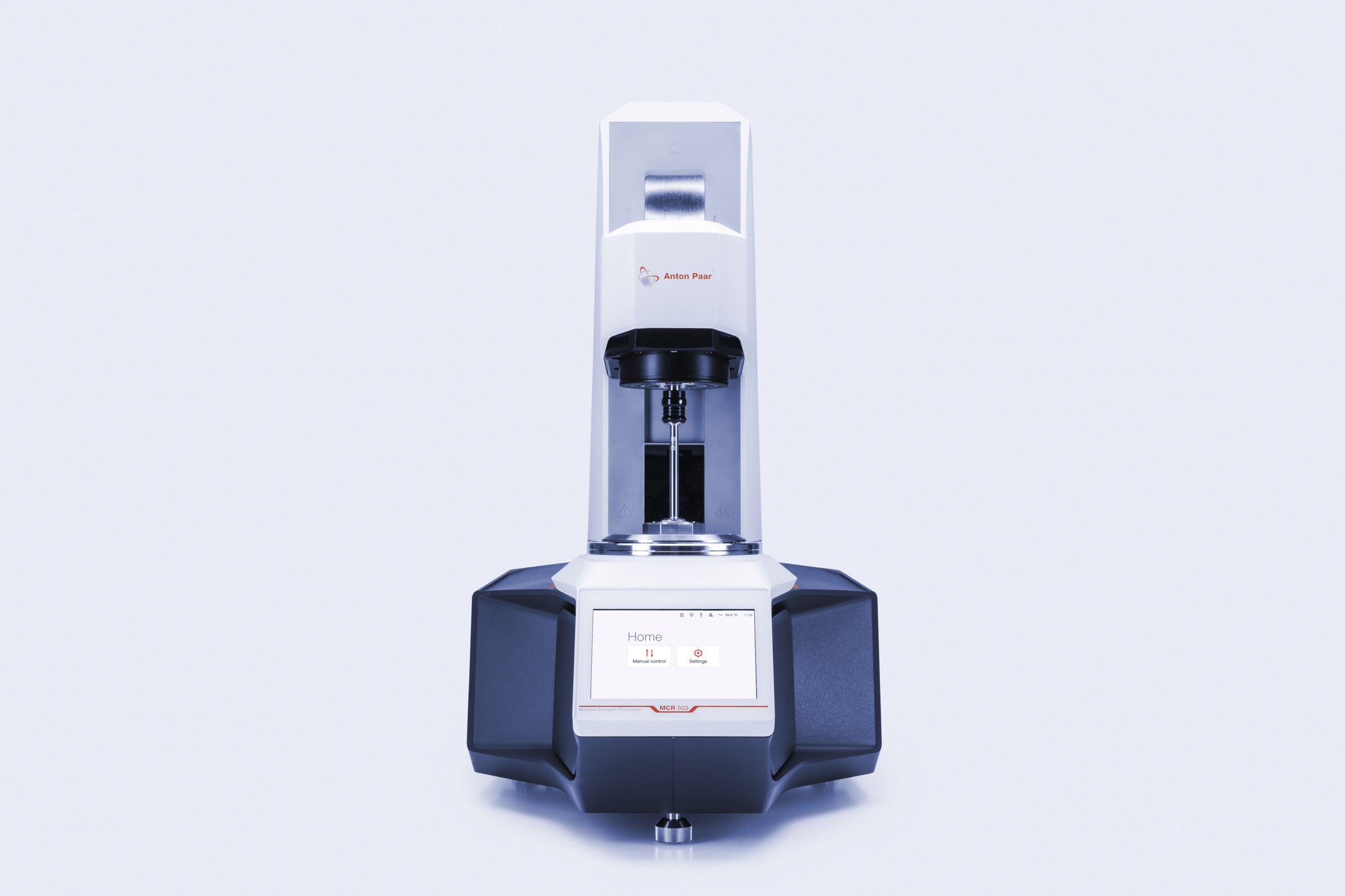 Anton Paar MCR 503 modular compact rheometer with touchscreen, measuring spindle, and transparent safety cover on a white background