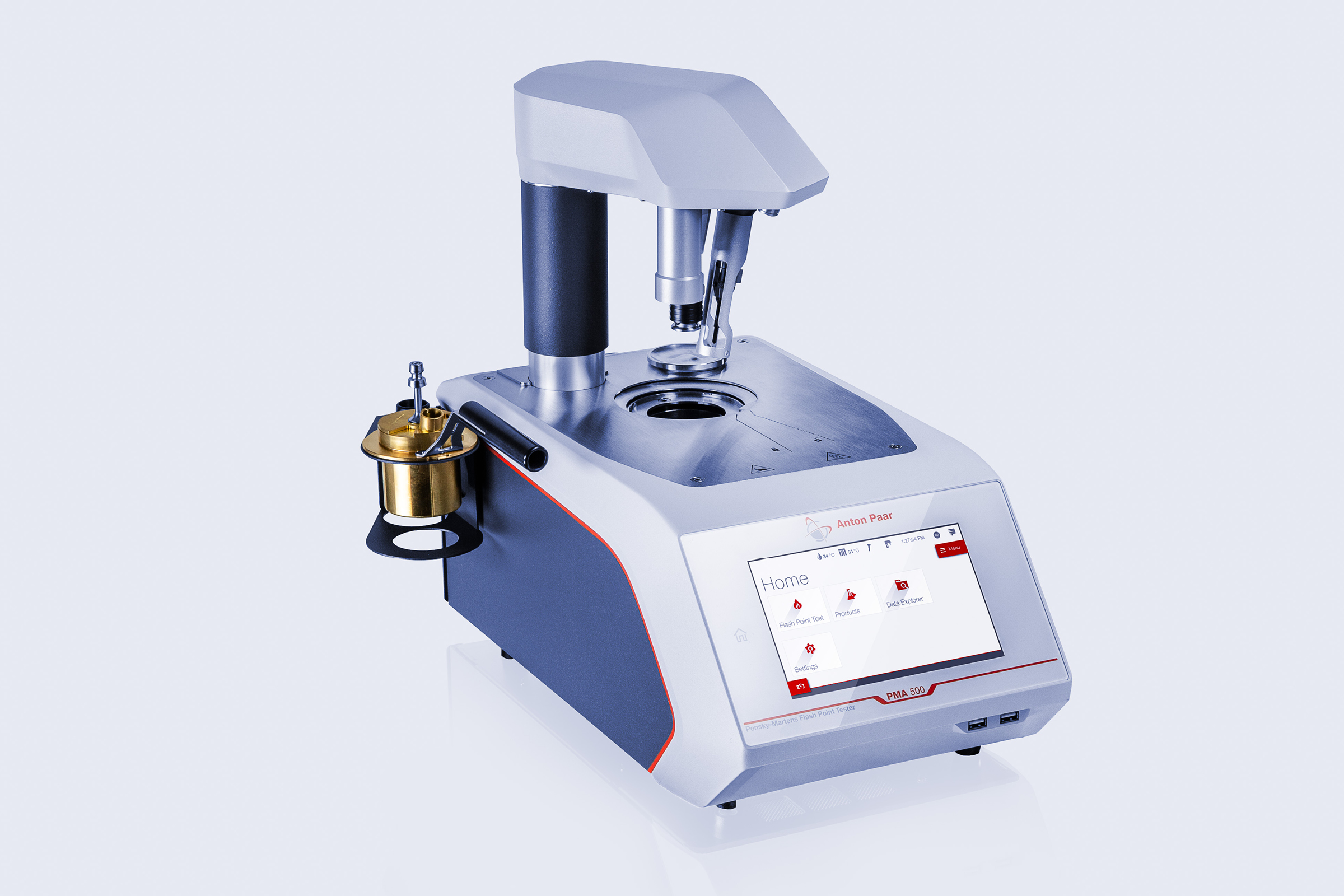 Anton Paar PMA 500 Pensky-Martens flash point tester with touchscreen, open test cup, and automated ignition assembly.