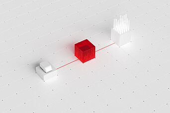 Abstract illustration of Instrument Control Software for DMA, Abbemat, and Lovis, showing connected devices via a red data link across a tiled surface.