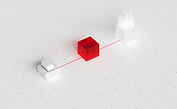 Abstract illustration of Instrument Control Software for DMA, Abbemat, and Lovis, showing connected devices via a red data link across a tiled surface.