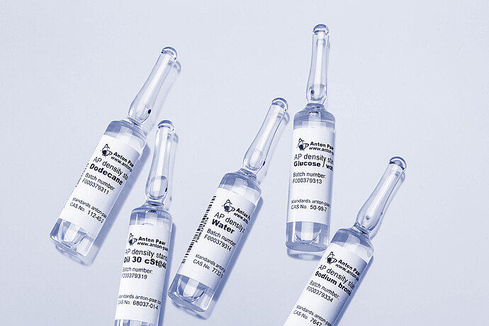 Set of Anton Paar AP density standards in glass ampoules, used as reference materials for in-house calibration of density meters.