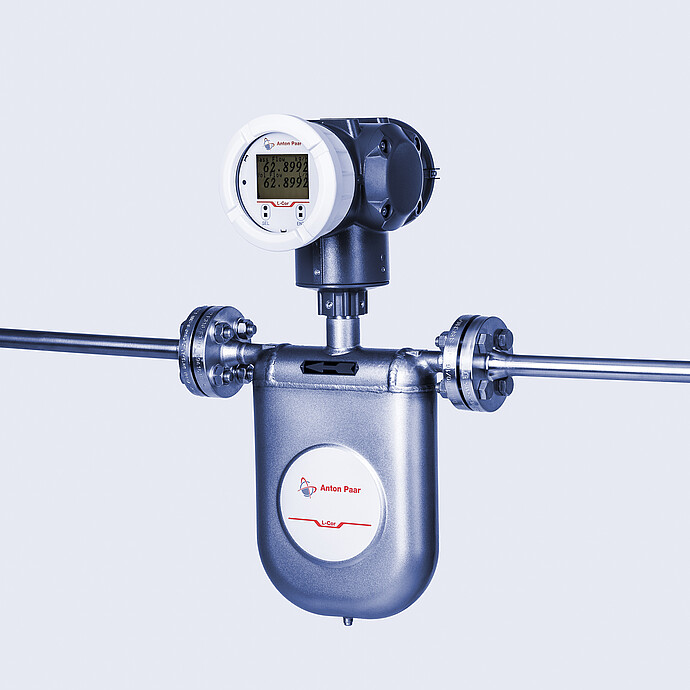 The image shows an Anton Paar L-Cor 8000 Coriolis flow meter, a high-precision inline instrument used for measuring fluid properties directly in industrial processes.