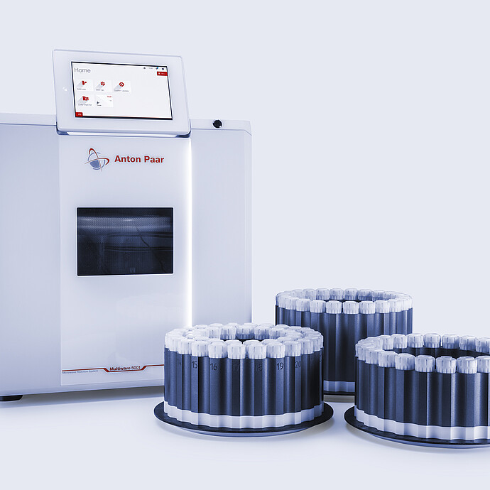 Anton Paar Multiwave 5001 microwave digestion system with touchscreen, shown with three HVT Rotors holding multiple sealed vessels on a light background