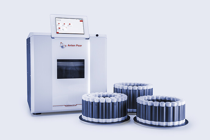 Anton Paar Multiwave 5001 microwave digestion system with touchscreen, shown with three HVT Rotors holding multiple sealed vessels on a light background