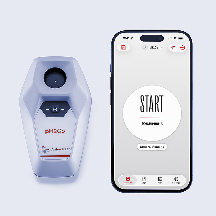 Anton Paar pH2Go digital pH meter next to a smartphone showing the pH2Go mobile app start screen with measurement controls.