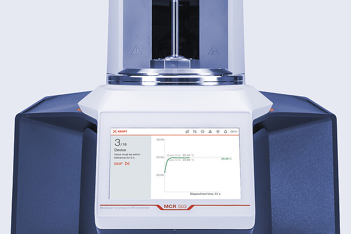 Close-up of Anton Paar Modular Compact Rheometer MCR 503 touchscreen showing a status graph below the measuring area