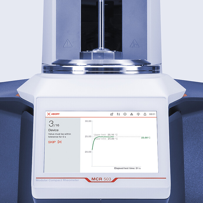 Close-up of Anton Paar Modular Compact Rheometer MCR 503 touchscreen showing a status graph below the measuring area