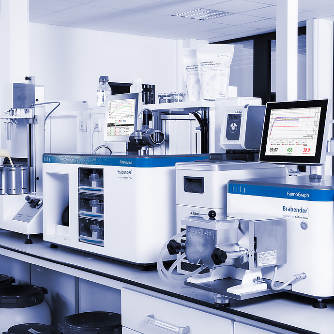 Technician pouring liquid into Brabender Amylograph-E, with Brabender ExtensoGraph, FarinoGraph, and Aquinject and monitors displaying measurement curves in laboratory