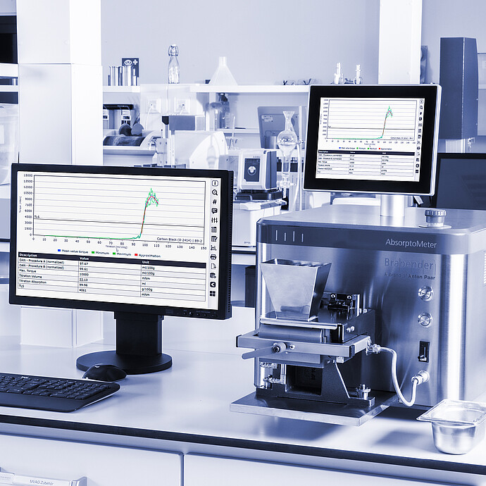 Brabender AbsorptoMeter with open hopper and measuring chamber on lab bench, connected to external monitor displaying torque curve, keyboard and laboratory equipment in background