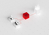 RheoCompass software workflow with red data connections between two Anton Paar rheometers, a central cube, and a sample rack