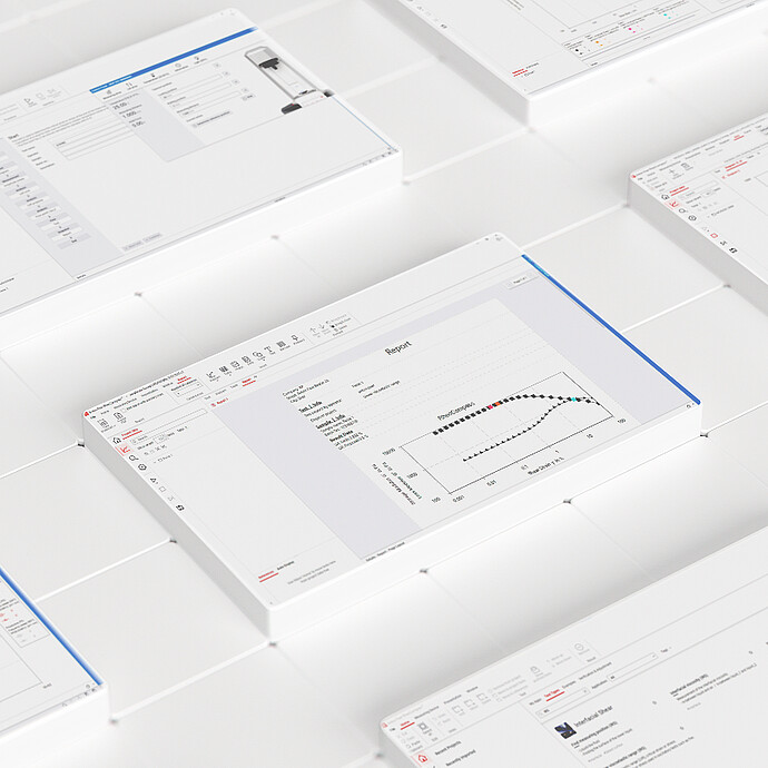 RheoCompass software screens showing reports, measurement graphs, and setup views for Anton Paar rheometers