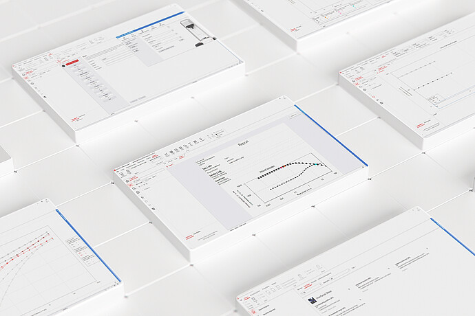 RheoCompass software screens showing reports, measurement graphs, and setup views for Anton Paar rheometers