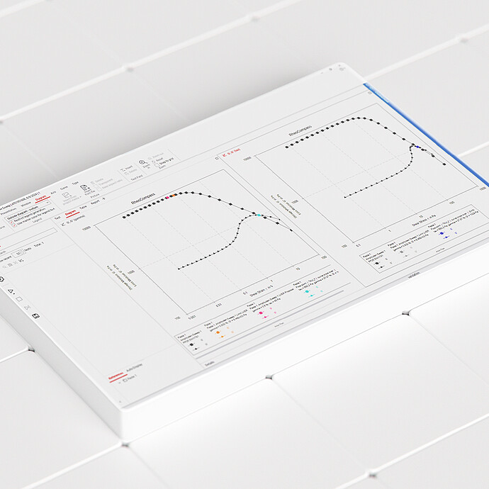 RheoCompass software interface showing two rheometer measurement graphs on a white tiled surface