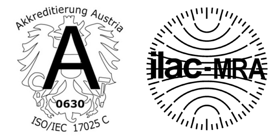 Logos of Akkreditierung Austria ISO/IEC 17025 (0630) and ILAC MRA mark, indicating accredited calibration and international mutual recognition.