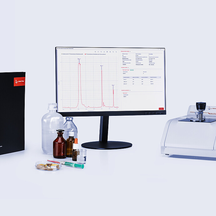 Anton Paar Lyza 3000 FTIR spectrometer beside a monitor showing an infrared spectrum, with qualification documents, bottles, vials, capsules, and syringes.