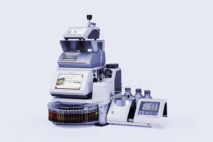 Anton Paar flavor and fragrance measurement system with DMA 5001, Xsample 5200, stacked modules, sample tubes, and CM-5 color meter