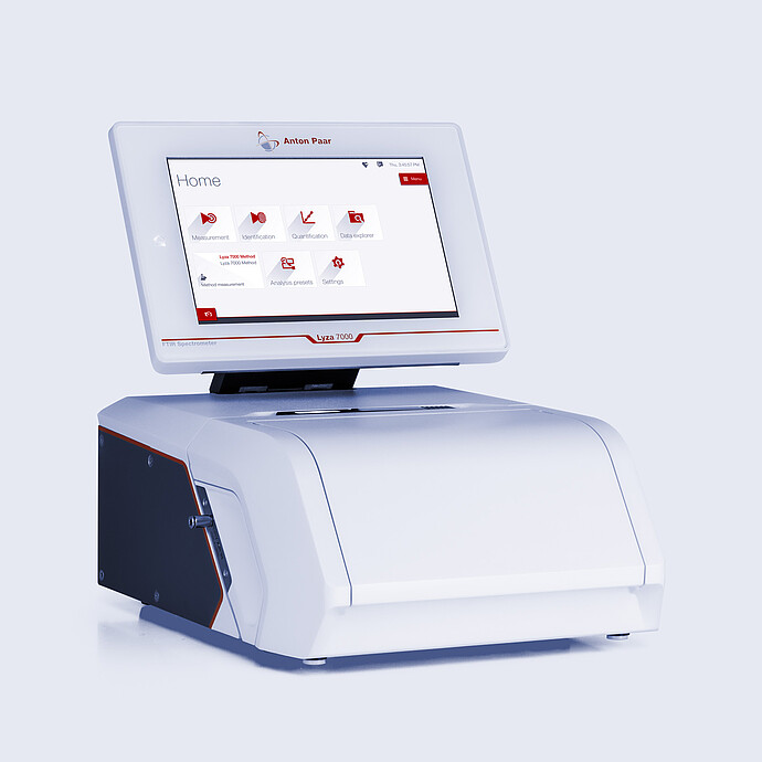 Anton Paar Lyza 7000 FTIR spectrometer with integrated touchscreen displaying the home menu on a light gray background.