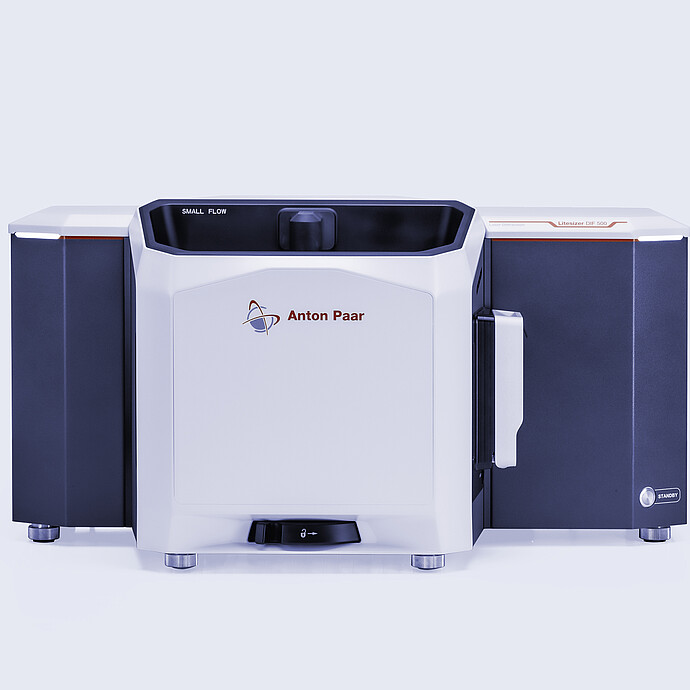 Anton Paar Litesizer DIF 500 laser diffraction analyzer with Small Flow unit, front view on a light gray studio background