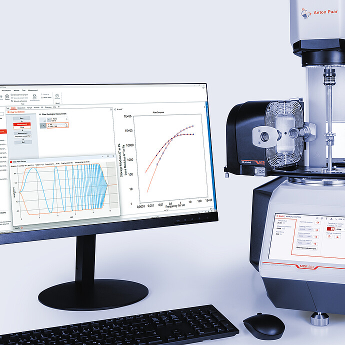Anton Paar Modular Compact Rheometer MCR 503 with temperature accessories and RheoCompass graphs on a monitor