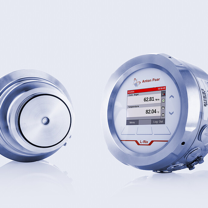 L-Rix inline refractometer with a stainless steel housing, one unit showing the sensor side and the other displaying measurement data on a digital screen.