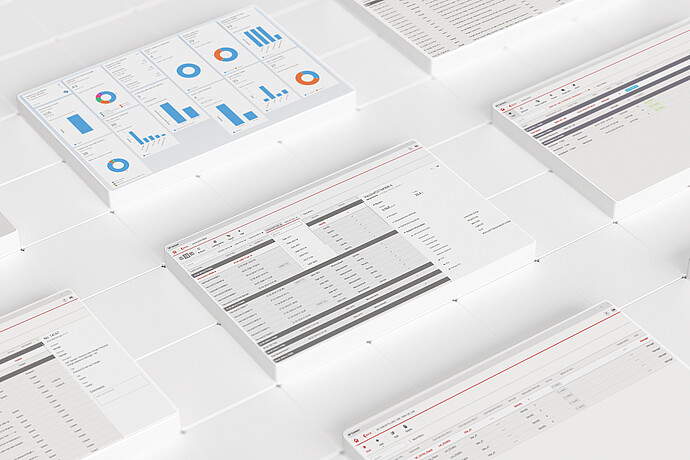 AP Connect interfaces showing dashboards, measurement data, and sample records on a white grid