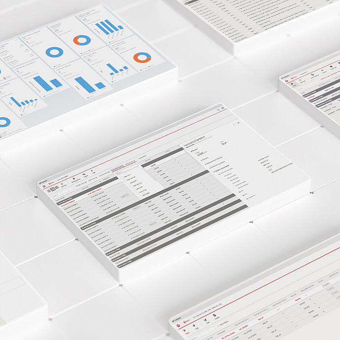 AP Connect interfaces showing dashboards, measurement data, and sample records on a white grid