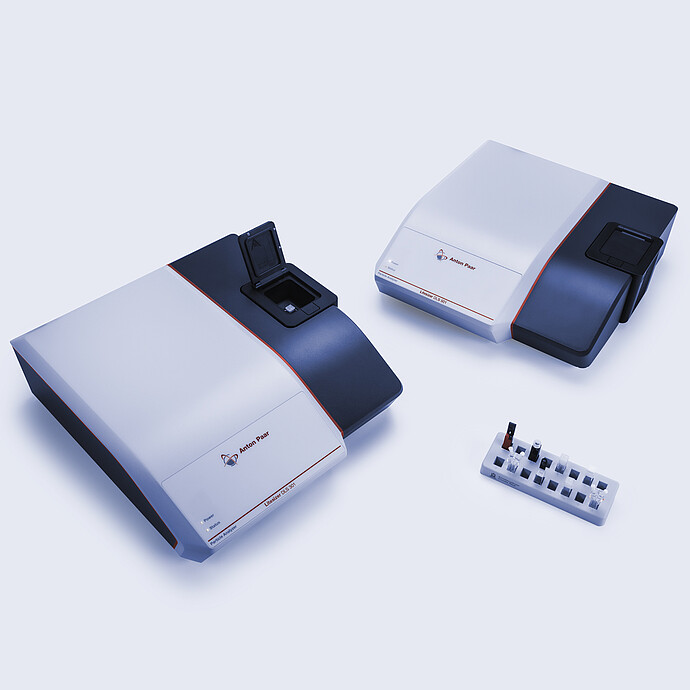 Two benchtop analyzers, Anton Paar Litesizer DLS 301 with open cuvette lid and Litesizer DLS 501, next to a sample tray with vials.