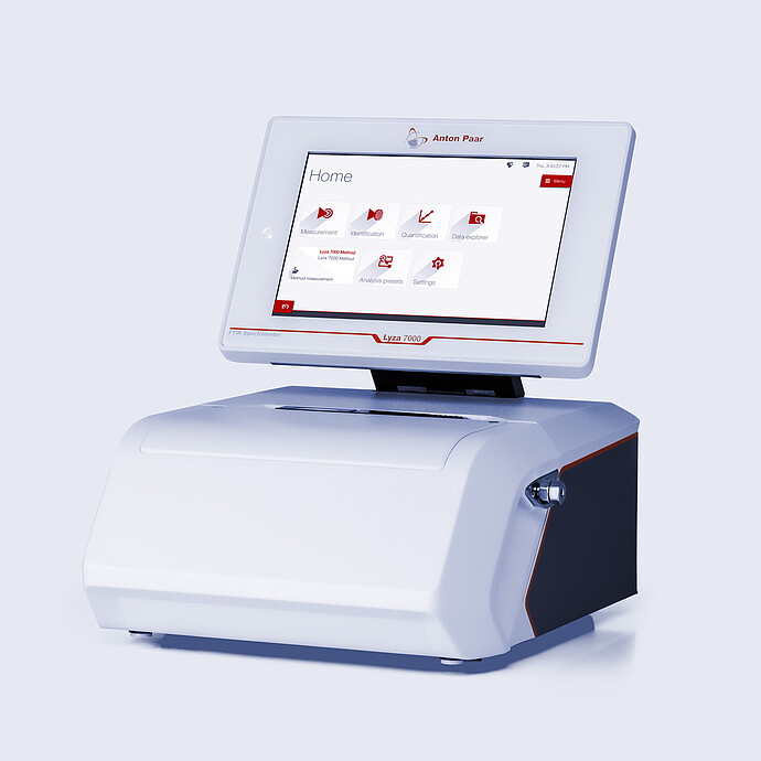 Anton Paar Lyza 7000 FTIR spectrometer with integrated touchscreen showing the home menu, viewed from the front right.