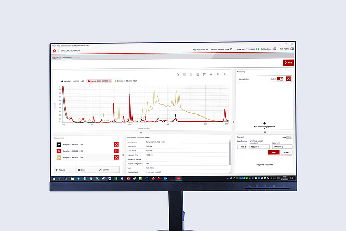 Computer monitor displaying Raman spectroscopy analysis using Anton Paar Spectroscopy Suite software. The screen shows spectral data, measurement acquisition details, and processing options for molecular composition analysis.
