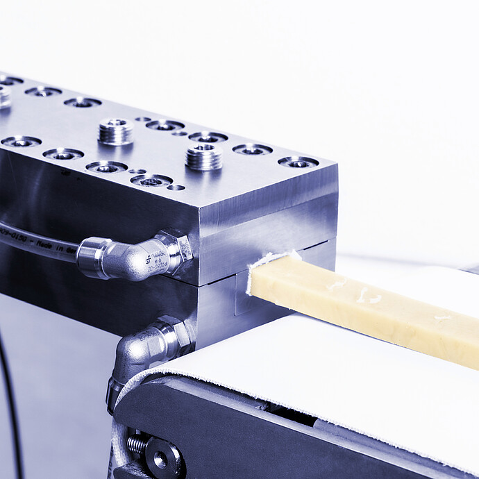 Brabender TwinLab Series extruder die close-up, extruding a rectangular plastic strand onto a conveyor belt.