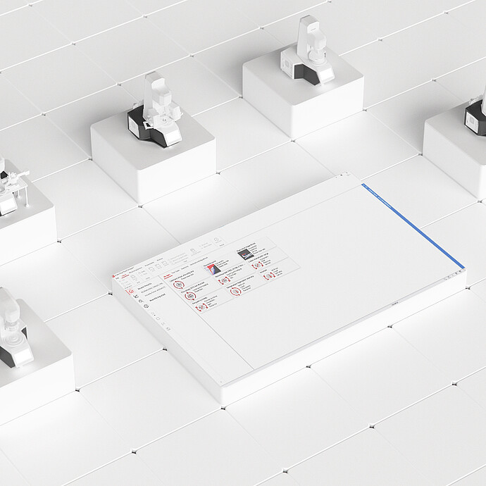 RheoCompass software interface surrounded by five Anton Paar rheometers on a white tiled surface