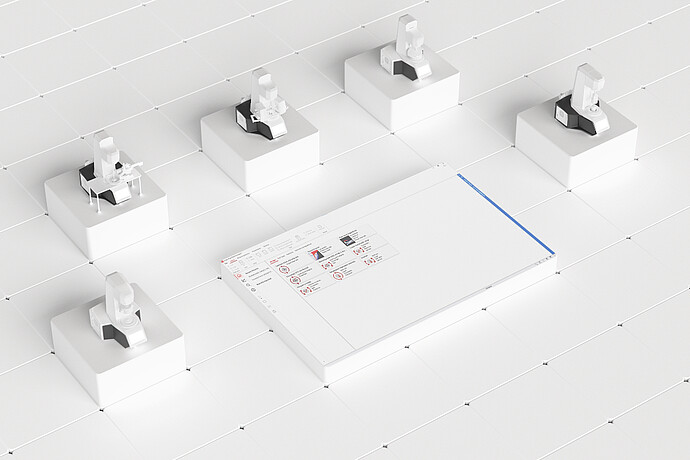 RheoCompass software interface surrounded by five Anton Paar rheometers on a white tiled surface