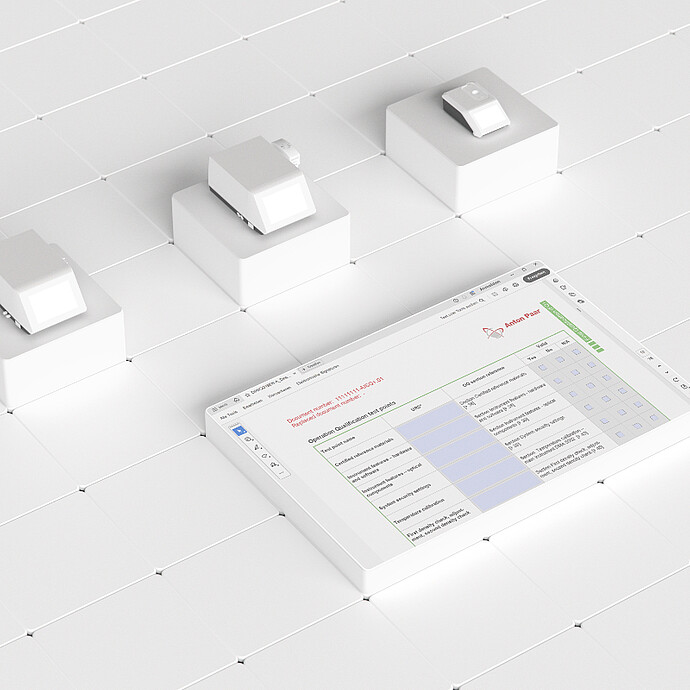 Abstract setup with three lab instruments on platforms connected to a tablet showing desktop control software interface for DMA, Abbemat, and Lovis.