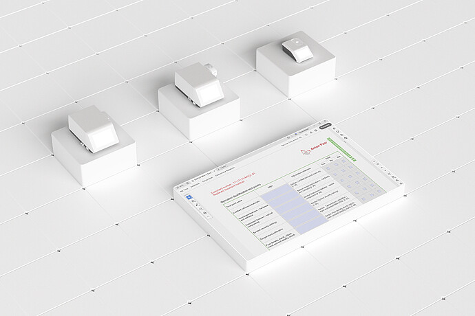 Abstract setup with three lab instruments on platforms connected to a tablet showing desktop control software interface for DMA, Abbemat, and Lovis.