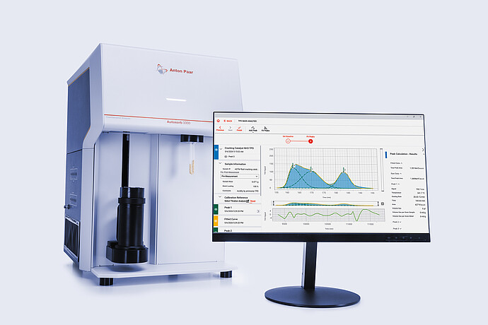 Anton Paar Autosorb 3300 chemisorption analyzer beside a monitor showing TPR analysis graphs