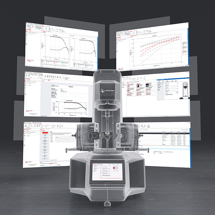 Transparent rendering of Anton Paar Modular Compact Rheometer MCR with RheoCompass software windows on a dark background