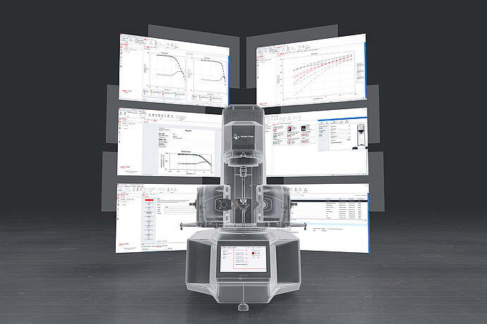 Transparent rendering of Anton Paar Modular Compact Rheometer MCR with RheoCompass software windows on a dark background