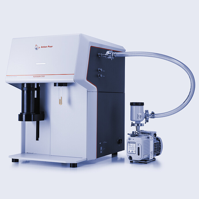 Anton Paar Autosorb 3300 chemisorption analyzer with furnace, sample tube, side gas connections, hose, and external vacuum pump