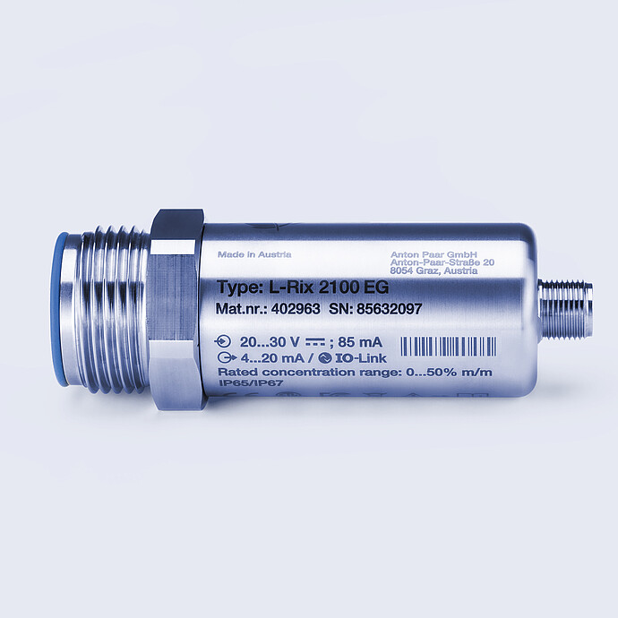 Inline refractometer sensor Anton Paar L-Rix 2100 EG with threaded process connections, stainless steel housing, and printed technical label